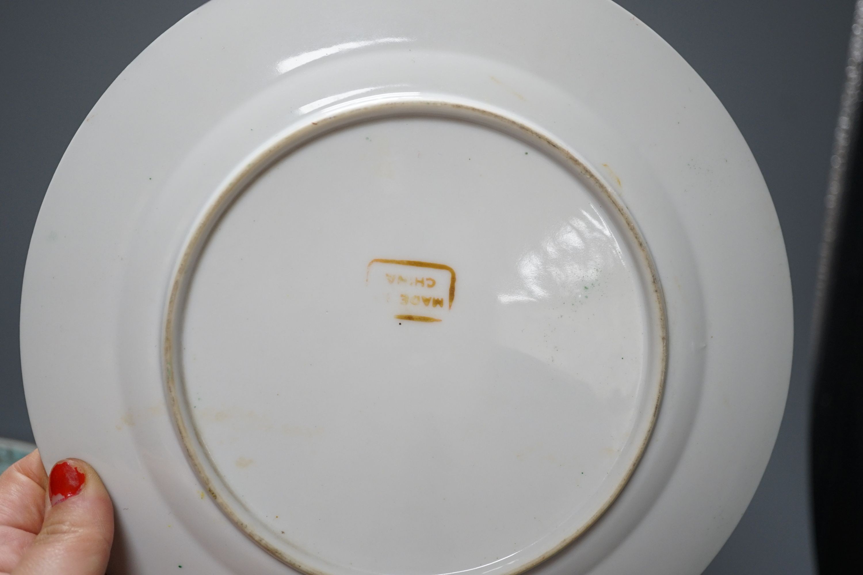 A Chinese Kangxi Imari dish, a blue and white dish, Qianlong famille rose bowl, a republic period plate and later sang de boeuf bowl